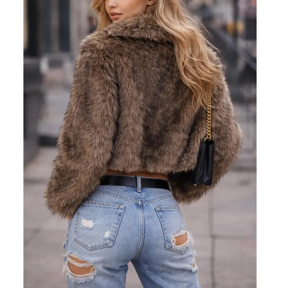 NWT Luxury Sz L Brown Cropped Faux Fur Coat Chic IT Girl Street Style Glam Vibe - Picture 2 of 9